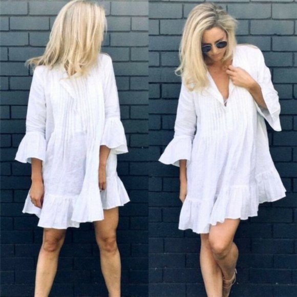Boho  White ruffle hem 3/4 sleeve v neck dress - Picture 3 of 5